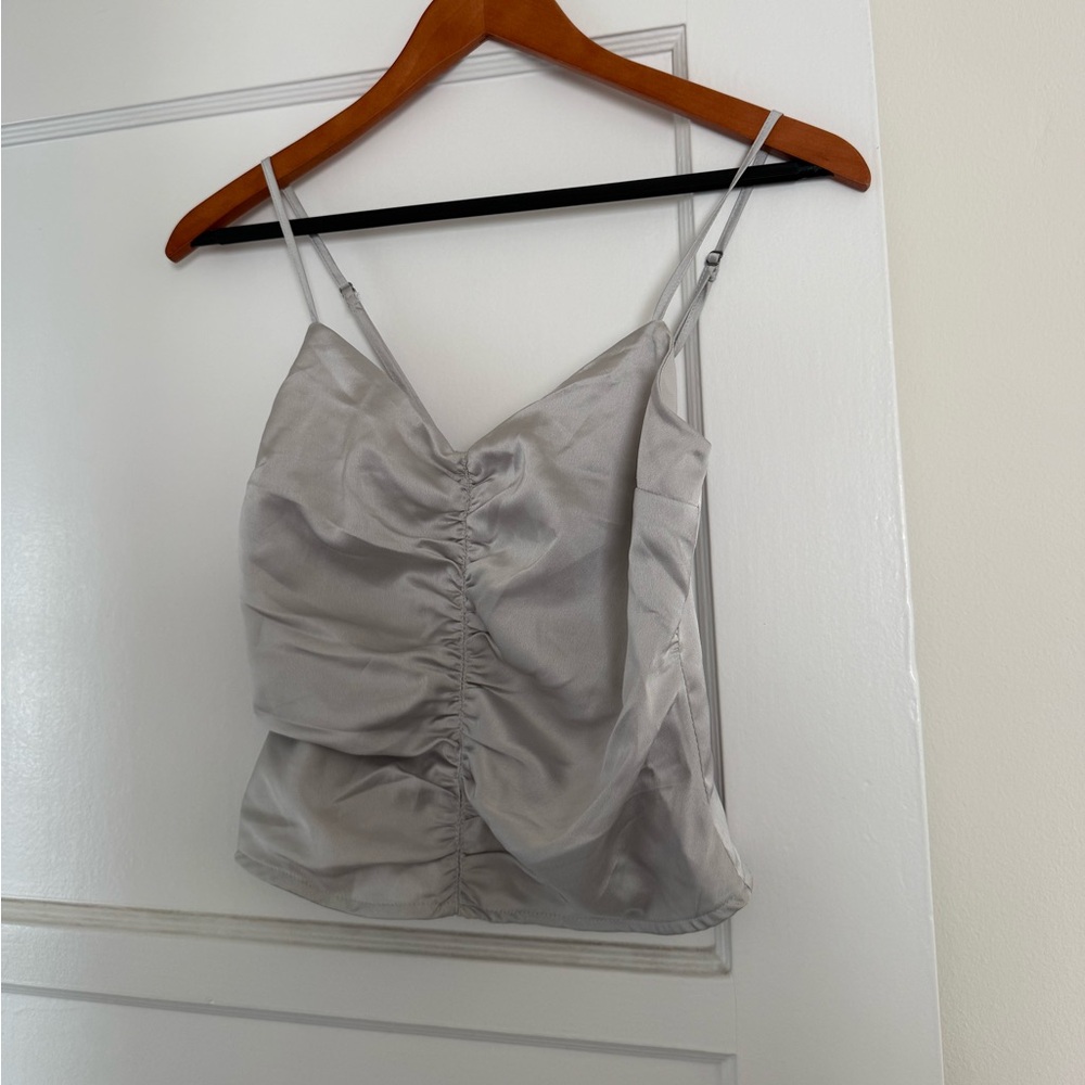 Satin Ruched Cami Tank Top - Silver
